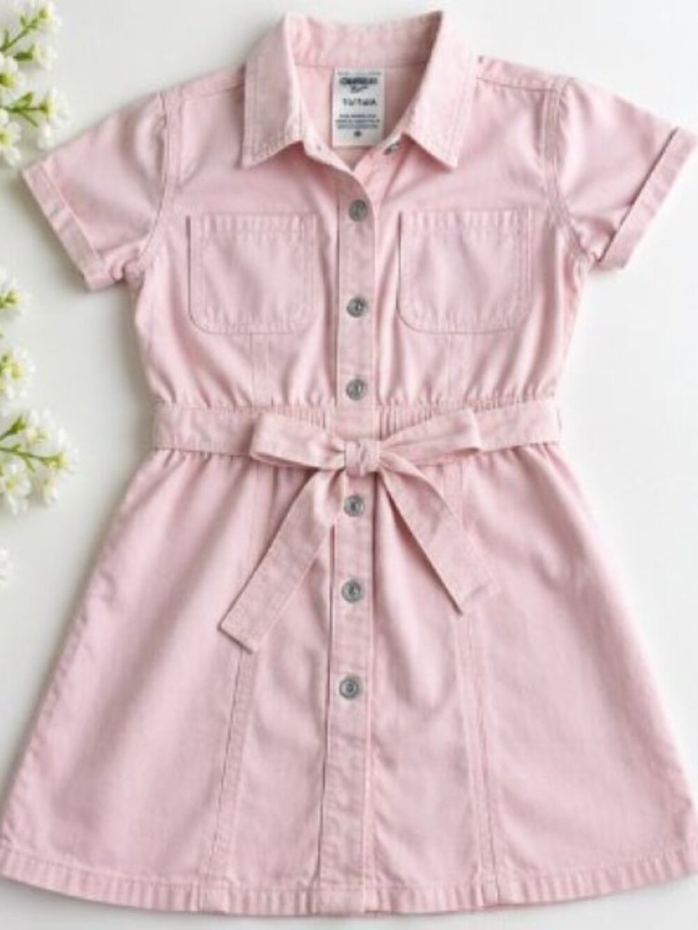 OshKosh B'gosh Girls Pink Denim Utility Shirt Dress With Belt Size 14 / 14A